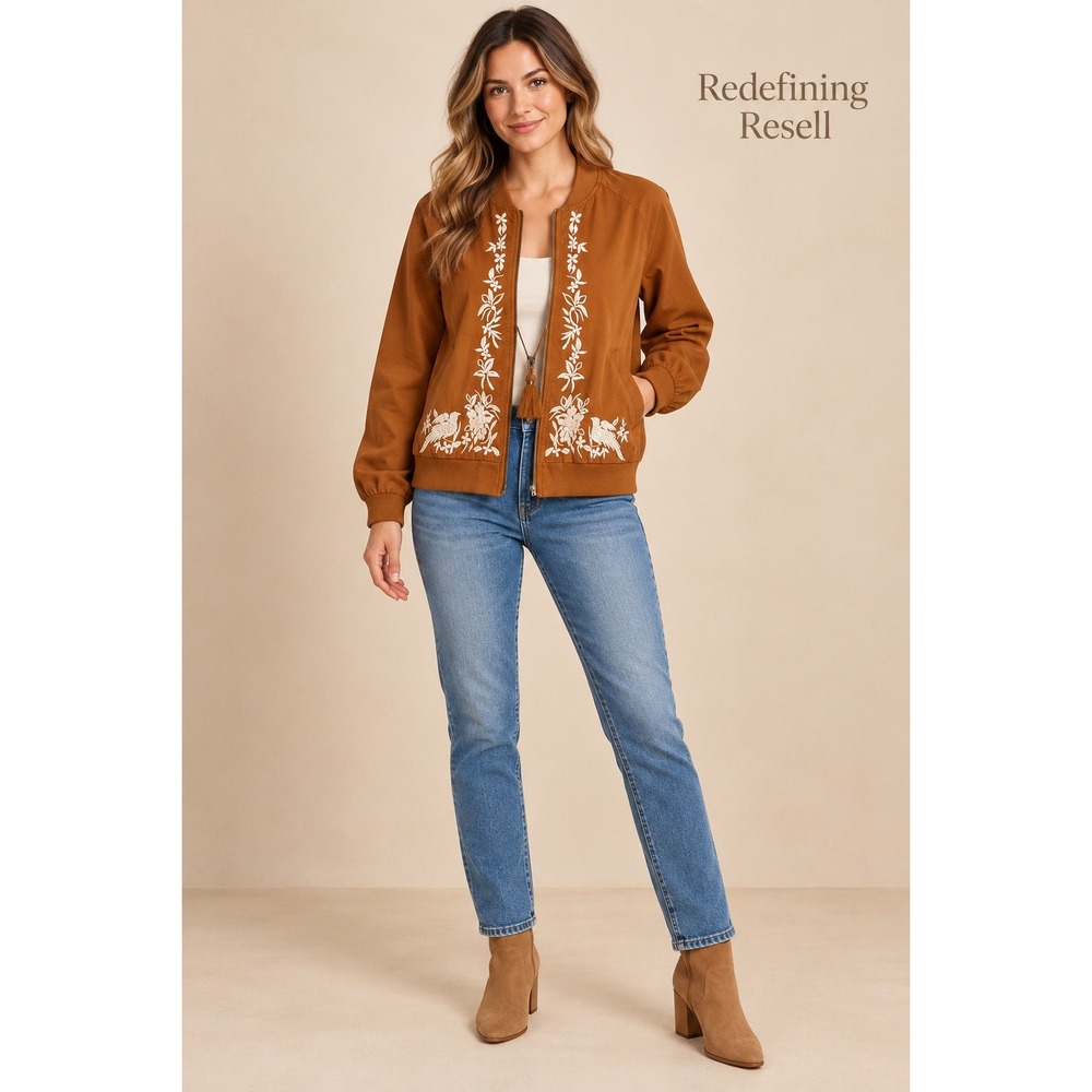 Knox Rose Women Brown Embroidered Floral Bird Bomber Jacket Tassel Zip Small